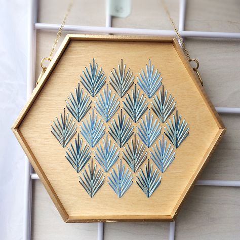 Wood Embroidery Patterns, Hexagon Embroidery, Embroidery On Wood, Wood Embroidery, Embroider Ideas, Stitching On Paper, Feather Embroidery, Wood Jewelery, Wooden Embroidery