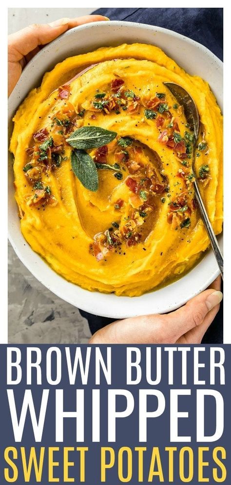 These Pancetta & Sage Brown Butter Whipped Sweet Potatoes are easy and effortless, yet elegant and loaded with flavor!  Roasted sweet potatoes are whipped with crème fraiche and studded with crispy, salty pancetta, earthy sage and drizzled with fragrant brown butter.  #whipped #sweet #potatoes #brown #butter #holiday #side #recipe via @nospoonn Brown Butter Sage Sweet Potatoes, Thanksgiving Sidedish, Sage Brown Butter, Whipped Sweet Potatoes, Potato Ideas, Brown Butter Sage, Sage Recipes, Large Events, Autumn Side Dishes