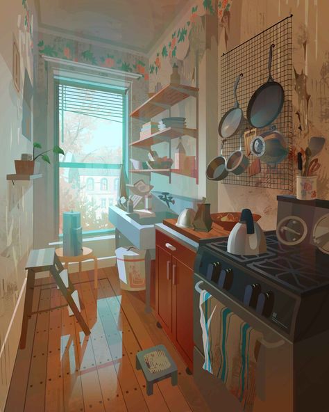 Sketch Vs Final, Interior Concept Art, Mystery Room, Environment Painting, Kitchen Drawing, Busy Kitchen, Perspective Drawing Lessons, Bg Design, European House