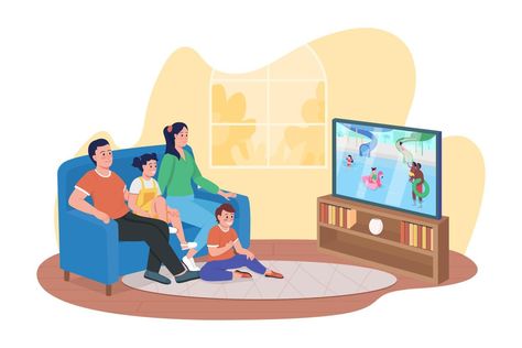 Watching entertainment program 2D vector isolated illustration. Smiling family members sitting on couch flat characters on cartoon background. Spending time together at home colourful scene Living Room Illustration, Horror Movie Night, Halloween Borders, Family Clipart, Night Background, Halloween Vector, Family Cartoon, Family Video, Family Movie Night