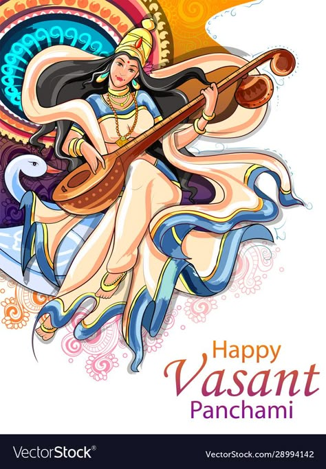 Saraswati Illustration, Vasant Panchami, Saraswati Illustration Art, Saraswati Goddess Cute, Saraswati Goddess Cute Cartoon, Saraswati Goddess Illustration, Saraswati Modern Art, Saraswati Painting, Basant Panchami