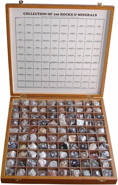 Geology Civil Educational, 100 Rare Rocks & Minerals, Collection Kit in Wooden Box Igneous Sedimentary Metamorphic Rocks, Earth Clay, Fullers Earth, Wooden Box With Lid, China Clay, Metamorphic Rocks, Fire Clay, Science Kits, Mineral Collection