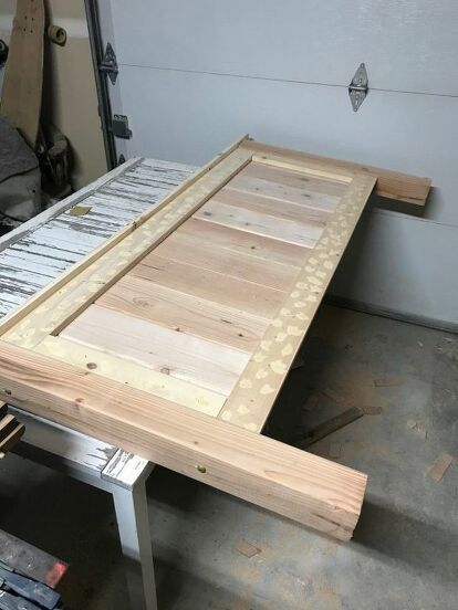 How To Build A Queen Size Bed Frame, Homemade Bed Frame Wood, Wood Bed Ideas, Diy Queen Bed Frame, Farmhouse Queen Bed, Wooden Bed Frame Diy, Diy Wallpaper Headboard, King Size Bed Frame Diy, Bed Frame Diy