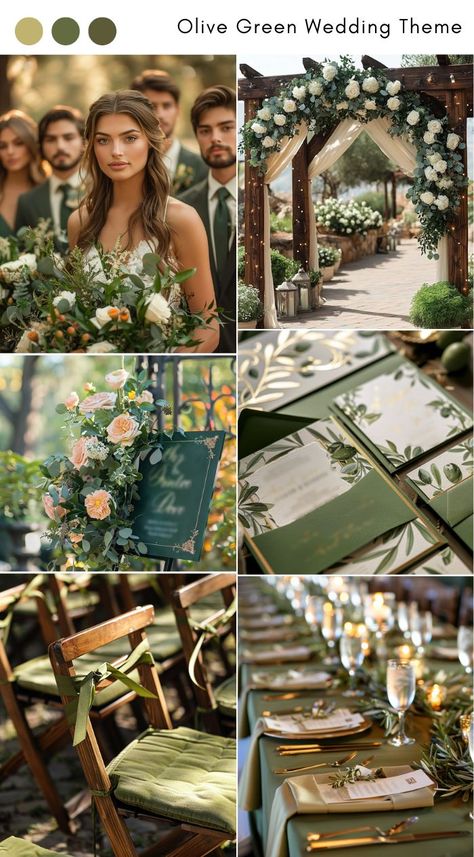 Olive green wedding theme ideas for a natural, earthy look. Olive Green Wildflower Wedding, Wedding Earthy Theme, Celestial Green Wedding, Green Outdoor Wedding Theme, Olive And Cream Wedding, Emerald And Ivory Wedding Theme, Summer Camp Wedding Colors, Wedding Themes Ideas Summer, Forest Green Color Palette Wedding