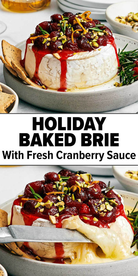 Baked brie with cranberry sauce Baked Brie Recipes Easy Holiday Appetizers, Christmas Brie Appetizers, Holiday Baked Brie, Brie Recipes Easy, Baked Brie With Cranberry Sauce, Brie With Cranberry Sauce, Baked Brie With Cranberry, Cranberry Baked Brie, Baked Brie Cranberry