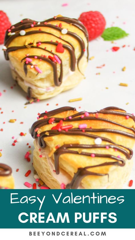 Valentine’s Day Cream Puffs, Heart Puff Pastry Valentines Day, Cream Puff Variations, Heart Shaped Puff Pastry Desserts, Valentine’s Day Puff Pastry, Puff Pastry Valentine Recipes, Heart Cream Puffs, Heart Shaped Cream Puffs, Puff Pastry Valentines Day