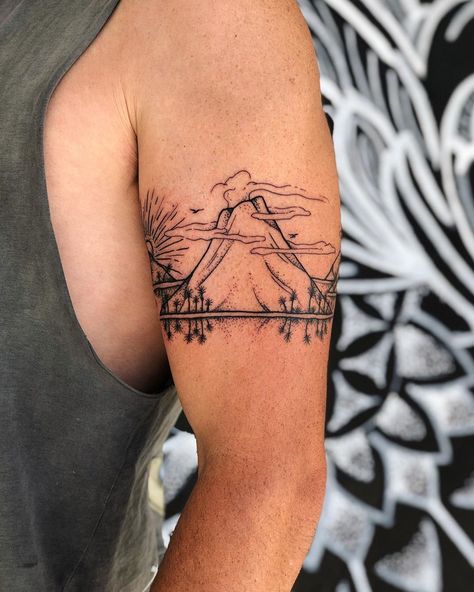 Volcano Tattoo Design, Volcano Tattoo Minimalist, Volcano Tattoo, Cliffs Tattoo, Scenic Tattoo, Island Tattoo, Earth Magic, Dot Tattoos, Men Tattoos