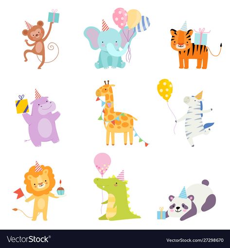 Animal Party Illustration, Safari Animal Party, Panda Vector, Birthday Elephant, Birthday Animals, Baby Animal Nursery Art, Party Illustration, Safari Animals Birthday, Animals Party