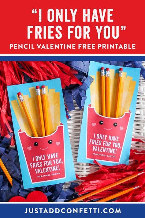 This "I Only Have Fries For You" pencil kids valentine is so fun! To assemble this classroom valentine all you need is the “fries for you” FREE printable and yellow No.2 pencils! I found yellow No.2 pencils at @DollarTree, 16 in a box, for $1. #JustAddConfetti #kidsvalentine #classroomvalentine #dollartree #freeprintable #friesforyou Confetti Classroom, Candle Gift Tags, Valentines Diy Kids, Candy Valentines, Valentine Kids, Valentines Bricolage, Classroom Valentines, Class Valentines, Classroom Treats