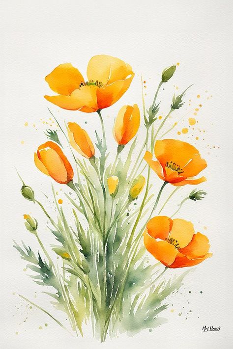 Eschscholzia Californica Minimalist Watercolor Wall Art Print Orange Poppies Watercolor, California Poppies Drawing, Watercolor California Poppy, California Poppies Watercolor, Watercolour Wild Flowers, California Poppy Drawing, Bouquet Of Flowers Painting, California Poppy Painting, California Poppy Art