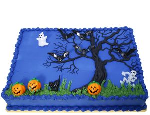 Midnight Blue Halloween Sheet Cake. Would be cute for a kids' party. Halloween Sheet Cakes, Halloween Sheet Cake, Halloween Torte, Pasteles Halloween, Red Birthday Cakes, Halloween Birthday Cakes, Halloween Cake Decorating, Blue Halloween, Image Halloween