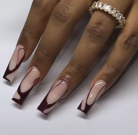 Dark Brown Nails Acrylic Design, Gel Manicure Nail Art, Burgundy Nail Designs Square, Abstract Lines Nails, Winter Nail Inspo 2023, Burgundy Nails Design, Megan Thee Stallion Nails, Black Abstract Nails, Dark Cherry Red Nails