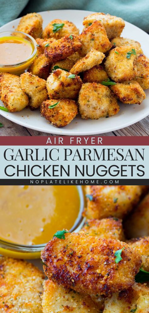 This air fryer recipe lets you enjoy homemade chicken nuggets in just 25 minutes! Crispy and delicious minus all of the fat and calories, these garlic parmesan chicken nuggets are a winner. This easy chicken dinner also doubles as a simple appetizer recipe! Air Fryer Recipes Chicken Meal Prep, Garlic Chicken Air Fryer Recipes, Easy Chicken Nuggets Baked, 3 Ingredient Air Fryer Chicken Nuggets, Chicken Parm Bites Air Fryer, Crispy Garlic Parmesan Chicken Bites, Garlic Parmesan Chicken Tenders Air Fryer, Simple Healthy Lunch Meal Prep, Simple Chicken Recipes Air Fryer