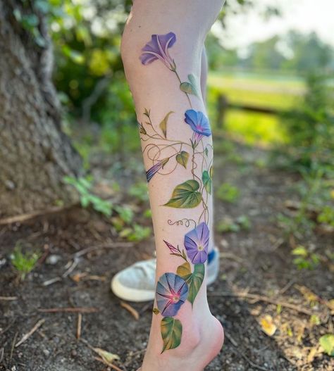 Hummingbird And Morning Glory Tattoo, Morning Glory With Hummingbird Tattoo, Morning Glory Tattoo Sleeve, Morning Glory Back Tattoo, Rose And Morning Glory Tattoo, Leg Flower Sleeve, Vine Wrapped Around Leg Tattoo, Morning Glory Vine Tattoo, Floral Vine Tattoos Sleeve