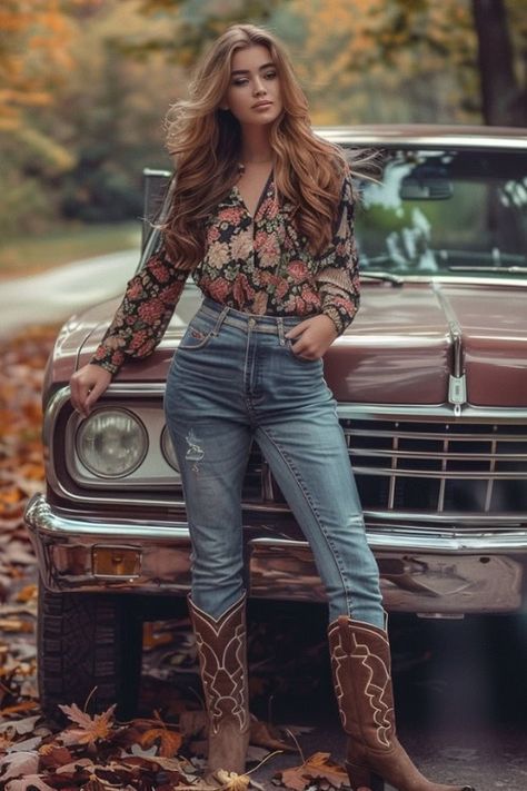 55+ Cowboy Boots and Jeans Outfits for Fall: Classic Styles with a Modern Twist - From The Guest Room Cowboy Boots Over Jeans, Boots Over Jeans, Cowboy Boots And Jeans Outfit, Cowboy Boots And Jeans, Country Girl Outfits, Boots And Jeans, Hippie Cowgirl, Girl Cowboy Boots, Outfits For Fall