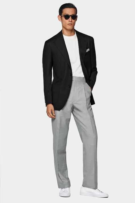 Gray Suit Jacket Black Pants Men, Dark Grey Pants Outfit Men, Black Blazer Grey Pants Outfit Men, Grey Pants Black Blazer Men, Mens Light Grey Blazer Outfit, Light Grey Blazer Outfit Men, Blazer Men Outfit, Black Blazer Men, Light Grey Blazer