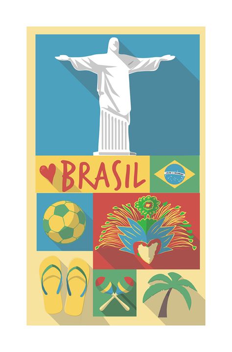 Travel poster collection Pamplet Design, Brazil Drawing, Country Background, Brazil Wallpaper, Teen Ministry, Brazil Football Team, Brazil Aesthetic, Postcard Illustration, Brazil Art