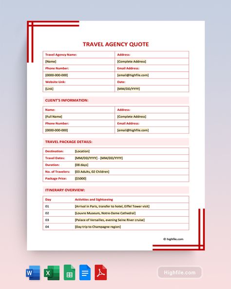 Travel Agency Quote Template Travel Format For Client, Traveling Format For Client, Seine River Cruise, Champagne Region, Planner Business, Quote Template, Travel Business, Template Word, Helping Hand