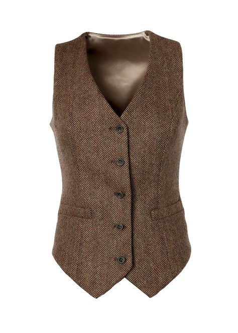 Holland Cooper | Hampton Large Scale Brown Herringbone Waistcoat | Autumn • Fall Fashion Waistcoat Woman Pattern, Waistcoat Women, Holland Cooper, Waistcoat Woman, Tweed Waistcoat, High Waisted Flare Jeans, Classic Wardrobe Staples, Altering Clothes, High Waisted Flares