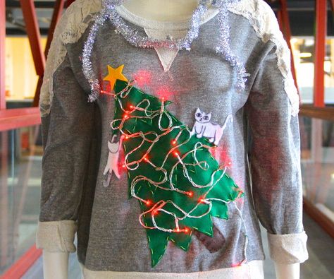 Nail your Ugly Sweater Christmas party with one of these cringe-worthy DIY projects. Cat Diys, Christmas Sweater Ideas, Diy Christmas Sweater, Christmas Sweater Outfits, Sweater Diy, Hanukkah Sweater, Best Ugly Christmas Sweater, Ugly Sweater Diy, Ugly Sweater Contest