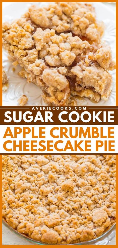 Your easy dessert ideas must have this fall food! It's the BEST apple pie. Made with a sugar cookie crust, cream cheese filling, apples, and a crumble topping, thus cream cheese pie is a showstopper. Save this simple apple recipe! Apple Pie Cheesecake No Bake, Cookie Crumb Pie Crust, Apple Cream Cheese Dessert, Apple Pie With Cream Cheese, Apple Cream Cheese Pie, Apple Crumble Cheesecake, Crumble Cheesecake, Apple Pie Cheesecake, Apple Cream Cheese