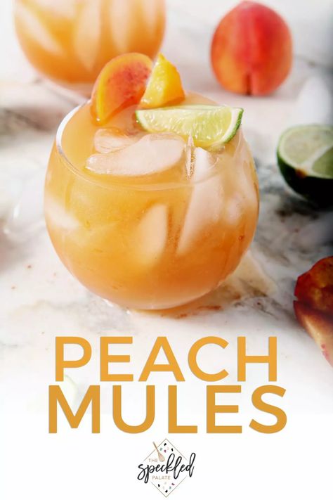 Celebrate summertime by mixing up a Peach Moscow Mule! Whether you're serving yourself or a crowd, these mules are satisfying, well-balanced and unique for any gathering! #easyentertaining #cocktail #speckledpalate Peach Mule, Peach Moscow Mule, Peach Dish, Cocktail Recipes Tequila, Peach Cocktail, Moscow Mule Cocktail, Peach Drinks, Moscow Mule Recipe, Rum Cocktail Recipes