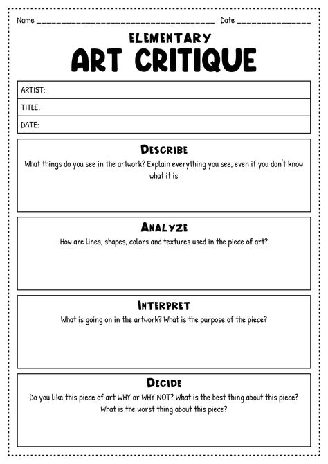 Elementary Art Criticism Worksheet Art Critique Worksheet, Elements And Principles Of Art, Art Rubric, Constructive Feedback, Art Critique, The Entity, Art Criticism, Elements And Principles, Principles Of Art