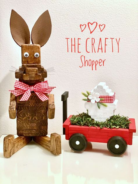 This is Peter, my newest addition to the farm. I know I made a bunny 🐰already but I wanted a different style of one 😅. Peter is made up of of 132 Dollar Tree Jenga Blocks, I made a Little Red Wagon which consists of 48 blocks. I also made an Easter Egg which consists of 37 blocks 🥚🐣 #crafts #dollartreediy #dollartree #dollartreedecor #bunnycrafts #crochet #jengablockcrafts #tumblingtower Spring Jenga Block Crafts, Jenga Block Animals, Craft Fair Crafts To Sell, Easter Jenga Block Crafts, Jenga Block Crafts Diy Dollar Tree, Diy Jenga Blocks Ideas, Jenga Block Crafts, Diy Jenga, Jenga Crafts