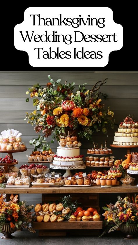 A beautifully arranged Thanksgiving wedding dessert table featuring seasonal treats that evoke warmth and nostalgia, perfect for creating lasting memories. Thanksgiving Wedding Table Decor, Thanksgiving Decorative Desserts, Friendsgiving Dessert Table, Pie Display Ideas, Easy Wedding Reception Food Ideas, Dessert Table Wedding Ideas, Fall Dessert Table Ideas, Friendsgiving Crafts, Cookie Table Wedding Display