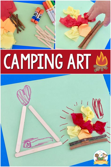 Camping Scene Process Art Activity for Preschoolers - Pre-K Pages Camping Crafts For Pre K, Camping Process Art Preschool, Camping Theme Math Activities Preschool, Prek Camping Theme, Camping Preschool Theme Activities, Camping Science Activities, Pre K Camping Theme Activities, Camping Sensory Bin Preschool, Camping Lesson Plans Preschool