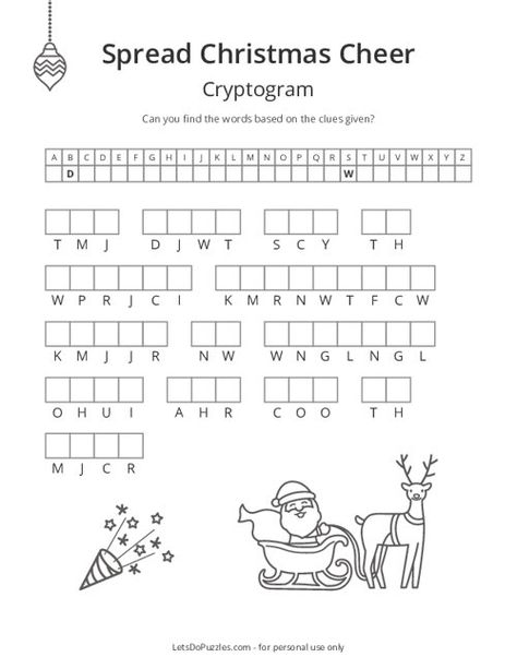 Free Printable Spread Christmas Cheer Cryptogram Puzzle Christmas Crosswords Free Printable, Holiday Crossword Puzzle Free Printable, Christmas Brain Teasers For Kids, Christmas Cross Word Puzzle, Christmas Unscramble Words, Cryptograms For Kids Free Printable, Cryptograms Free Printable, Christmas Crossword Puzzles For Kids, Christmas Cryptogram