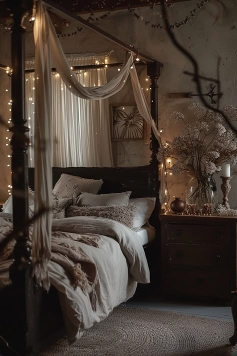 Cozy Light Bedroom, Bedroom Decor Color Schemes, Dark Cottagecore Bedroom, Bedroom Decor Color, Dark Bedroom Ideas, Dark Faerie, Dark Cottagecore Aesthetic, Faerie Aesthetic, Dark Boho Living Room