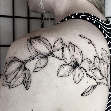 an embrace  thank you Kelsey!  #magnoliabranch #magnoliatattoo #floraltattoo #blackworker #williamsburg #stipple #etching… Magnolia Branch Tattoo, Mac Miller Tattoos, Flower Pattern Design Prints, Magnolia Tattoo, Magnolia Branch, Branch Tattoo, Floral Tattoo Sleeve, Flower Pattern Design, Tattoo Placement