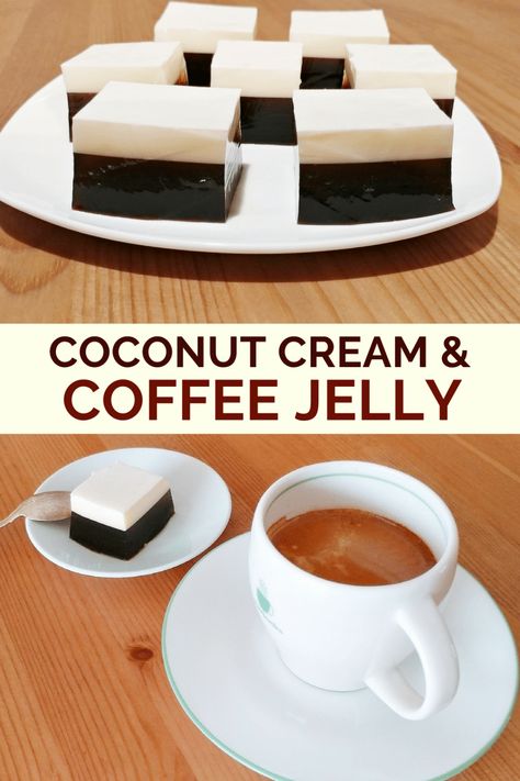 Coconut Gelatin Recipes, Layered Gelatin Dessert, Coffee Jello Recipe, Japanese Coffee Jelly Recipe, Japanese Jelly Coffee Recipe, Coffee Jelly Recipe Filipino, Coffee Jelly And Cream, Jelly Recipes Desserts, Coffee Jelly Recipe