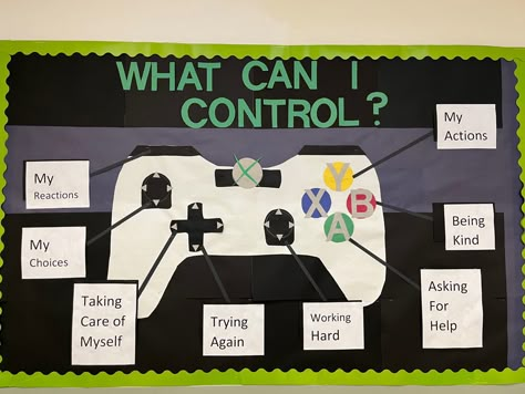 An x box controller with different parts labeled as “what I can control” for example, my mindset, my choices, my actions, etc. Coping Skills Bulletin Board Middle School, College Bulletin Boards Elementary, Growth Mindset Board Classroom, English And Spanish Bulletin Board, Things In My Control Bulletin Board, Therapy Room Bulletin Board Ideas, School Bulliten Boards Elementary, Emotional Regulation Bulletin Board, Social Bulletin Board Ideas