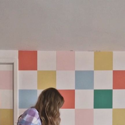 Fun Paint Pattern Wall, Accent Wall Stripes, Checkerboard Accent Wall, Checkerboard Wall Paint, Painted Checkered Wall, How To Paint A Checkered Wall, Checkered Wall Paint, Colourful Office, Checkerboard Wall