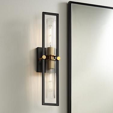 Stiffel Ramos 24" High Black and Brass 2-Light Wall Sconce Black Bathroom Sconces, Art Deco Industrial, Handcrafted Lamp, Primary Bath, Bathroom Sconces, Ribbed Glass, Bathroom Wall Sconces, Modern Wall Sconces, Filament Bulb