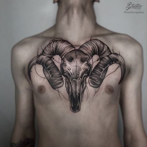 Ram Skull Tattoo, Full Chest Tattoos, Ram Tattoo, Full Tattoo, Aries Tattoo, Ram Skull, Scary Tattoos, Full Back Tattoos, Chest Piece Tattoos