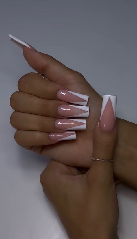 Nails Acrylic Casual, Medium Long Acrylic Nails Coffin, French Styles Nails, Cute Basic Long Nails, White Nails With Swirl Designs, Square Narrow Acrylic Nails, Coffin Nails Neutral Colors, Styles Of French Tips, Square French Nails Ideas