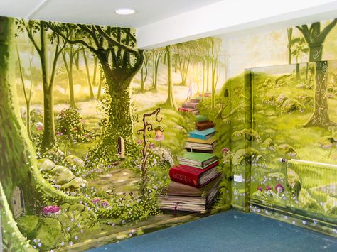 murals Library Mural Ideas, Book Staircase, Library Murals, Library Mural, Woodland Mural, Garden Mural, School Entrance, Forest Mural, Children's Library