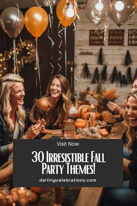 Embrace the cozy vibes of fall with the ultimate list of 30 Fall party ideas! 🍂🍁✨ From pumpkin carving to harvest-themed decorations, these ideas will make your autumn gatherings unforgettable. Whether you're planning a fall kids party, a family get-together, or just some good old-fashioned fall fun, these creative and festive suggestions have you covered. Grab a cup of cider and let the fall festivities begin! 🎃🎉 #FallPartyIdeas #AutumnFun #CozyCelebration Fall Halloween Birthday Party, Fall Themed 60th Birthday Party, Birthday Party Ideas For October, Fall Themed Get Together, Fall Kickoff Party, Fall Food Themes For Parties, Fall Themed 50th Birthday Party, Fall Girlfriend Party, 30th Birthday Fall Theme