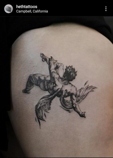 Icarus Tattoo Thigh, Thigh Men Tattoo, Icarus Tattoo Minimalist, Fallen Angel Tattoo Designs, Thigh Tats Men, Thigh Tattoos Men, Eye Tattoo Men, Tight Tattoos, Angle Tattoo For Men