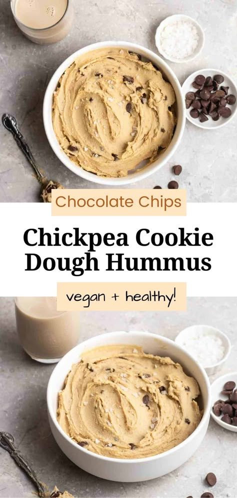 Creamy, rich, and decadent, this chickpea cookie dough hummus is the perfect healthier treat to curb your sweet tooth. Easy to make, and ready in 5 minutes. An excellent dip for fruits, crackers, and pretzels! Brownie Crisps, Cookie Dough Hummus, Dessert Hummus Recipe, Hummus Easy, Vegan Chocolate Chip Cookie Dough, Vegan Dessert Recipe, Chocolate Hummus, Dessert Hummus, Hummus Dip