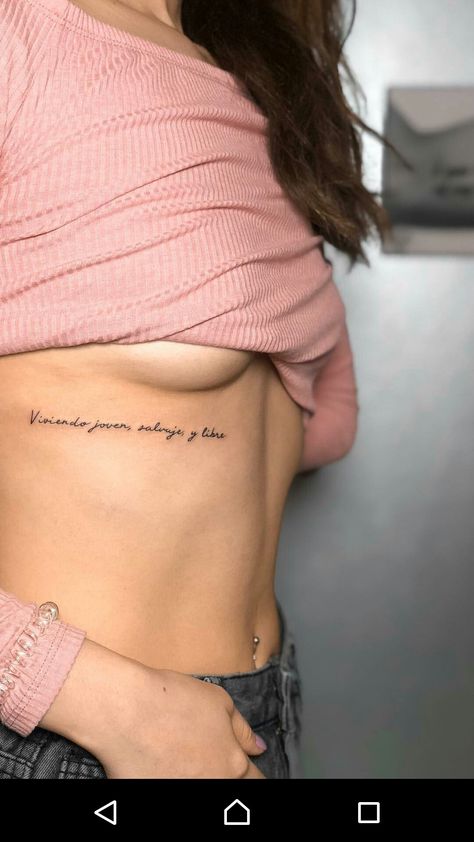 Side Chest Tattoo, Underboob Tattoos Words, Tattoo Sentences, Poetry Tattoo, Tattoo Under Chest, Rib Tattoo Quotes, Tattoos On Side Ribs, Phrase Tattoos, Torso Tattoos