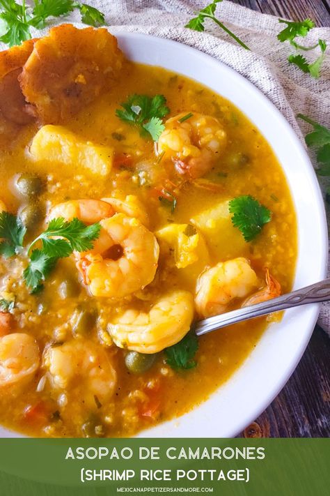 This Puerto Rican Asopao de Camarones (Shrimp Rice Pottage) served with tostones, is easy, comforting, delicious and a full meal in a bowl! #asopaodecamarones #asopadodecamarones #shrimpricepottage #shrimpstew #shrimpsoup Asopao Recipe, Puerto Rican Shrimp, Meal In A Bowl, Shrimp Stew, Puerto Rican Foods, Shrimp Rice, Hispanic Recipes, Spanish Foods, Mexican Appetizers