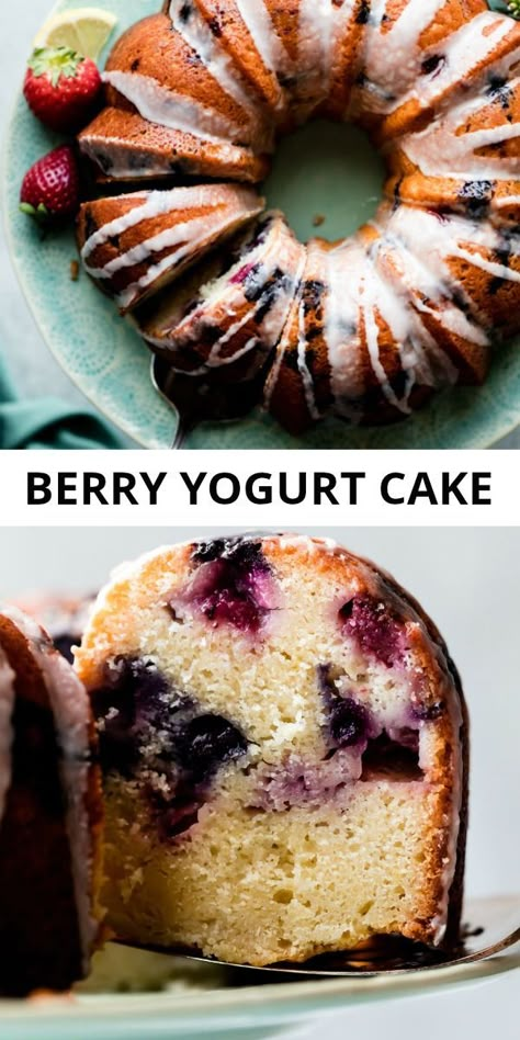 Strawberry Blueberry Greek Yogurt Cake, Yogurt Cake With Berries, Cake Recipes Using Greek Yogurt, Cakes Made With Yogurt, Leftover Berry Recipes, Cakes Made With Greek Yogurt, Greek Yogurt Bundt Cake, Blueberry Yogurt Recipes, Leftover Yogurt Recipes