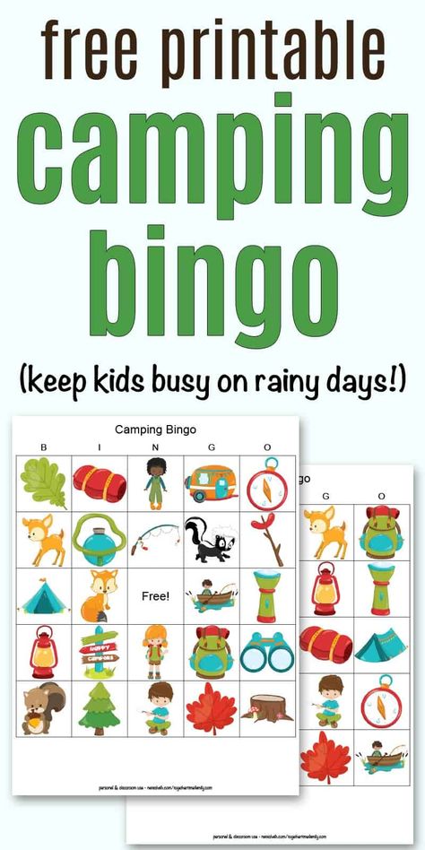 This free printable camping bingo for kids is so much fun! Keep your kids or Girl Scouts busy on a rainy day at the campground with these printable camping bingo cards. Click through to download for free! Rainy Day Camping Activities For Kids, Camping Bingo Free Printable, Family Free Printable, Camping Bingo, Camping Printables, Camping Preschool, Camping Activity, Day Camping, Daisy Troop