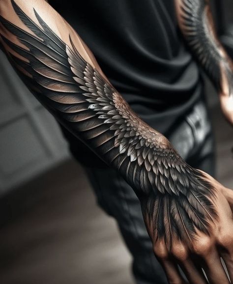 Mens Wing Tattoo, Angel Wing Arm Tattoo, Forearm Wing Tattoo, Neck Tattoo Men, Wings Tattoo Design, Eagle Wing Tattoos, Arm Cover Up Tattoos, Forearm Cover Up Tattoos, Underarm Tattoo