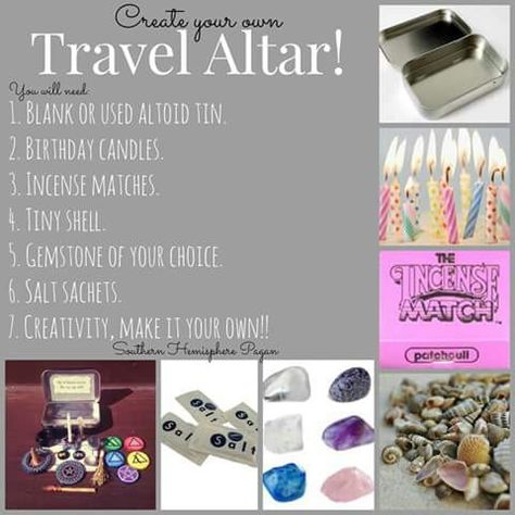 Mini Travel Altar, Portable Witch Altar, Portable Witches Alter, Diy Travel Altar, Travel Witch Kit, Mini Witch Altar, Travel Altar Ideas, Pocket Altar Witches, Mini Altar Ideas