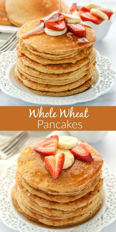 These Whole Wheat Pancakes are easy to make using simple ingredients and incredibly light and fluffy. Perfect for a light and healthy breakfast! #breakfast #pancakes #healthy Whole Wheat Pancake Recipe, Healthy Whole Wheat Pancakes, Banana Whole Wheat Pancakes, Whole Wheat Yogurt Pancakes, Vegan Whole Wheat Pancakes, Pancakes Whole Wheat, Wheat Pancake Recipe, Wheat Pancakes, Whole Wheat Pancakes